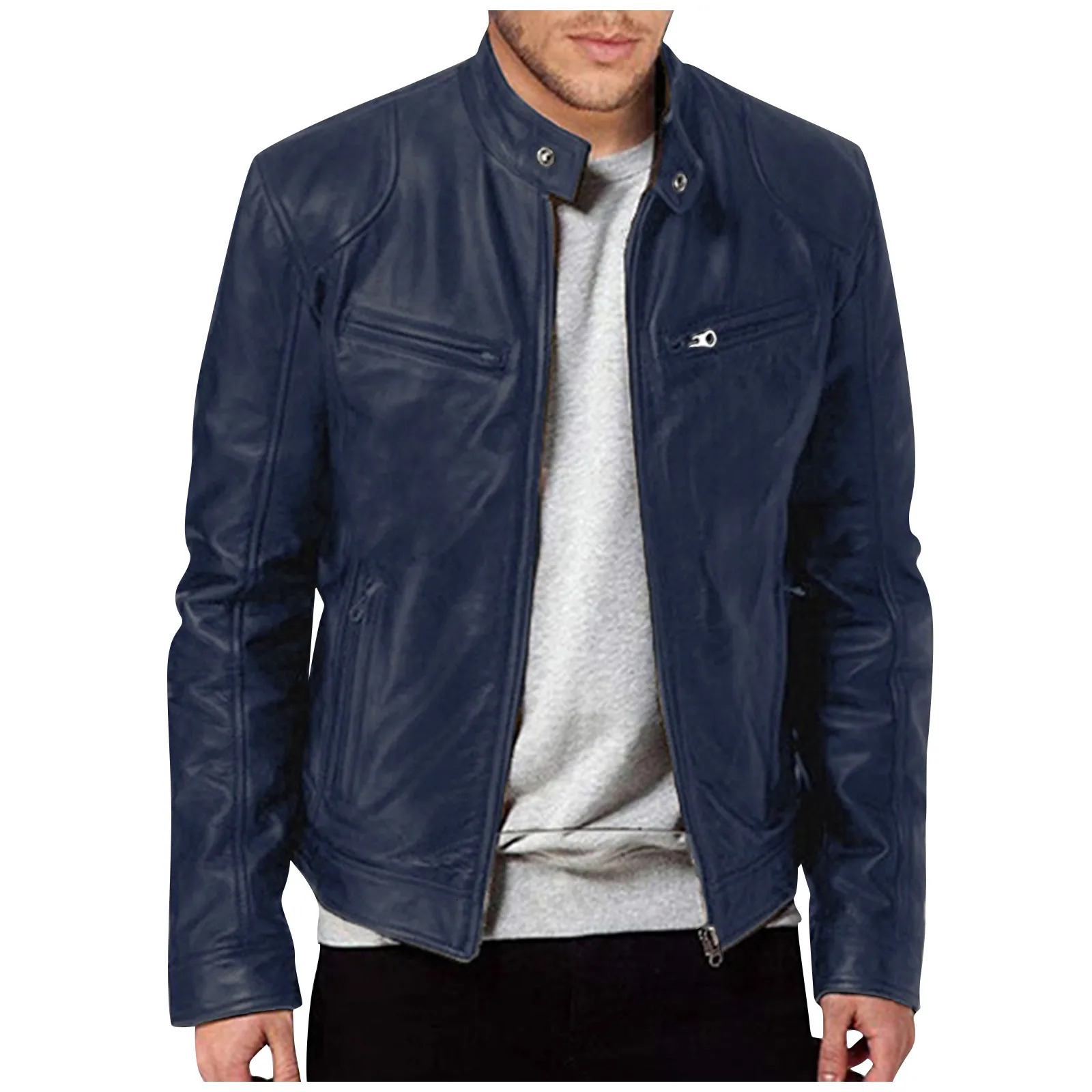 Mens Motorcycle Leather Jacket Slim Fit ShortCoat Lapel PU Jackets Autumn Zipper Stand Windproof Coat Clothing y241214