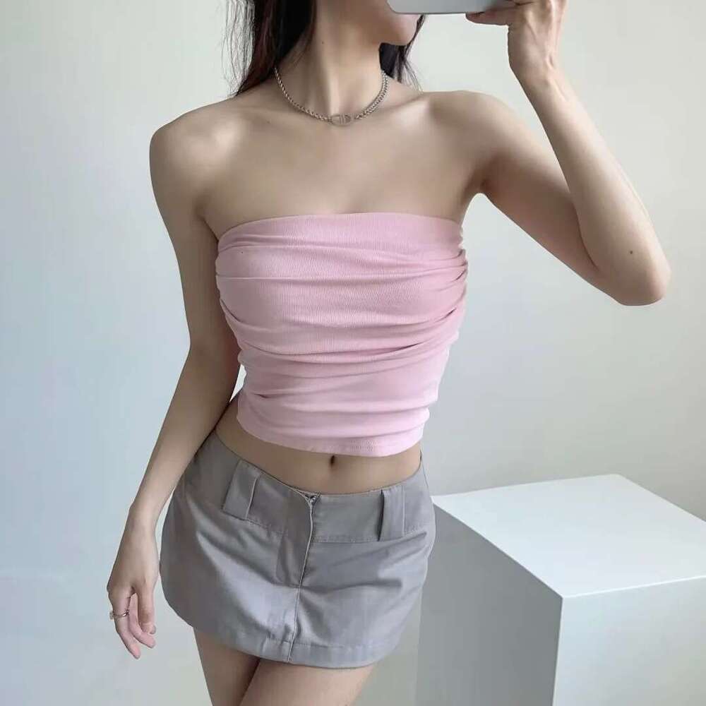 Spicy girl sexy pleated slim fit with a one neck chest hing vest, women's elastic tight short sleeved strapless vest top, 2024 versatile new tren