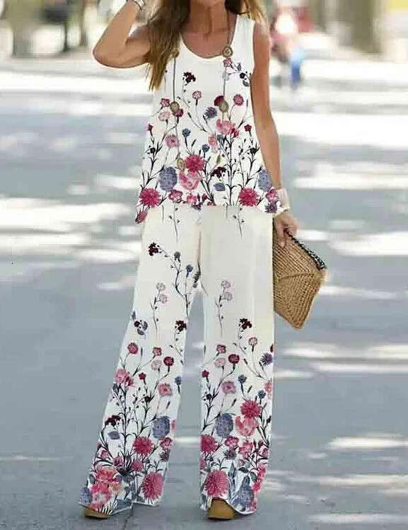 Women's printed casual two-piece vest with elastic waist pants women's set 2024 versatile new trendy clothing ins