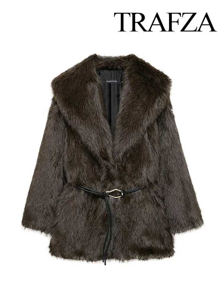 Womens Winter Fashion Coat Solid Down Collar Long Slves Belt Decoration Womens Retro Thick Warm Coat X241214