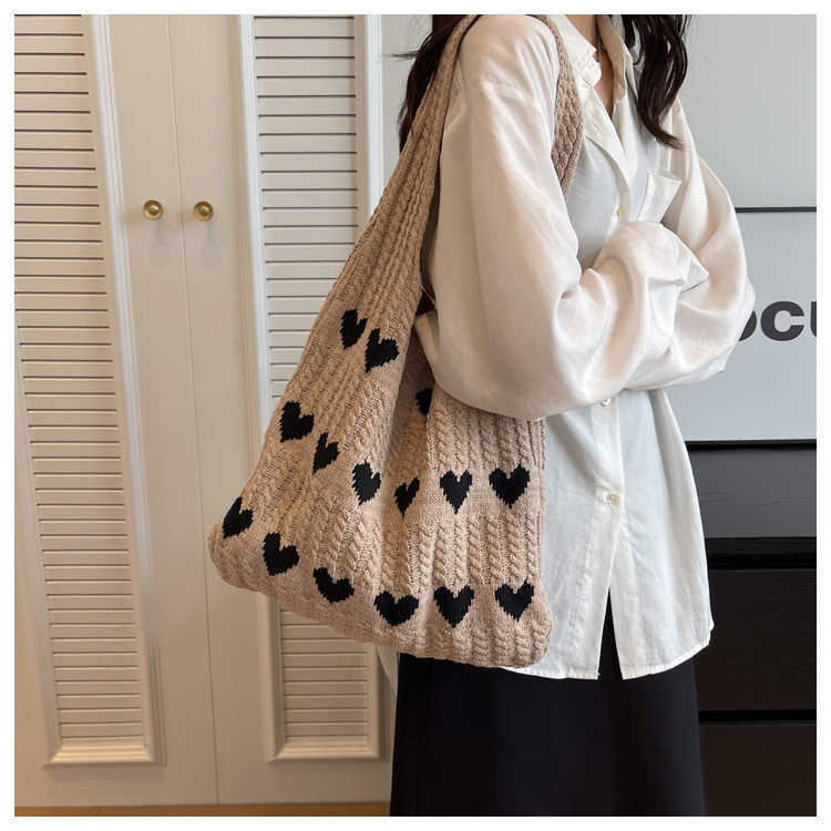 New Bag Knitted Bag Love Pattern Bag Knitted Bag Large Capacity Tote Bag