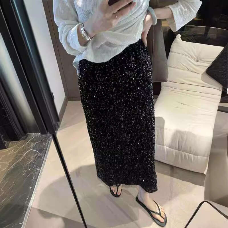 European American New Fashionable High Slimming Sequin Half For Women With Elastic Waist And Straight Tube Long Skirt