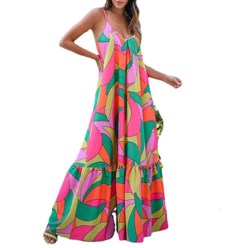 Summer European And American Foreign Trade New Commuting French Long Skirt Deep V-Neck Bareback Strap Style Printed Dress