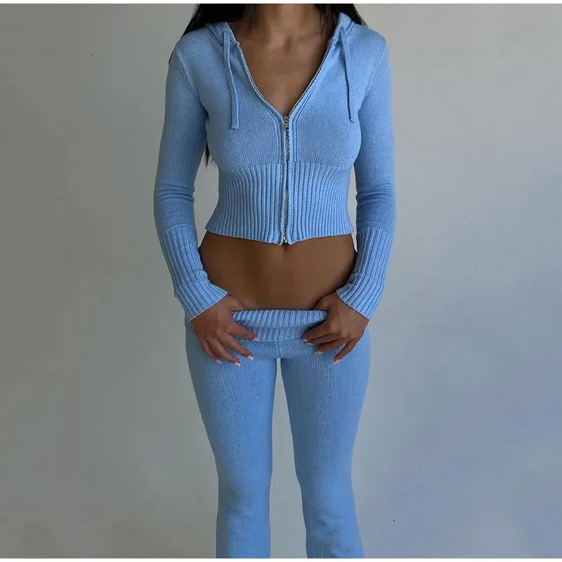 Fashion Women Ribbed Knit 2 Piece Outfits Long Sleeve ZipperUp Slim Fit Hooded Crop Top Elastic Pants Set Y2K Tracksuits 241203