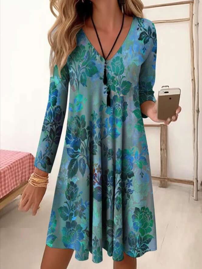 European American autumn and winter V-neck high waisted retro gradient color printed nine quarter sleeve loose dress 2024 temperament versatile new tr
