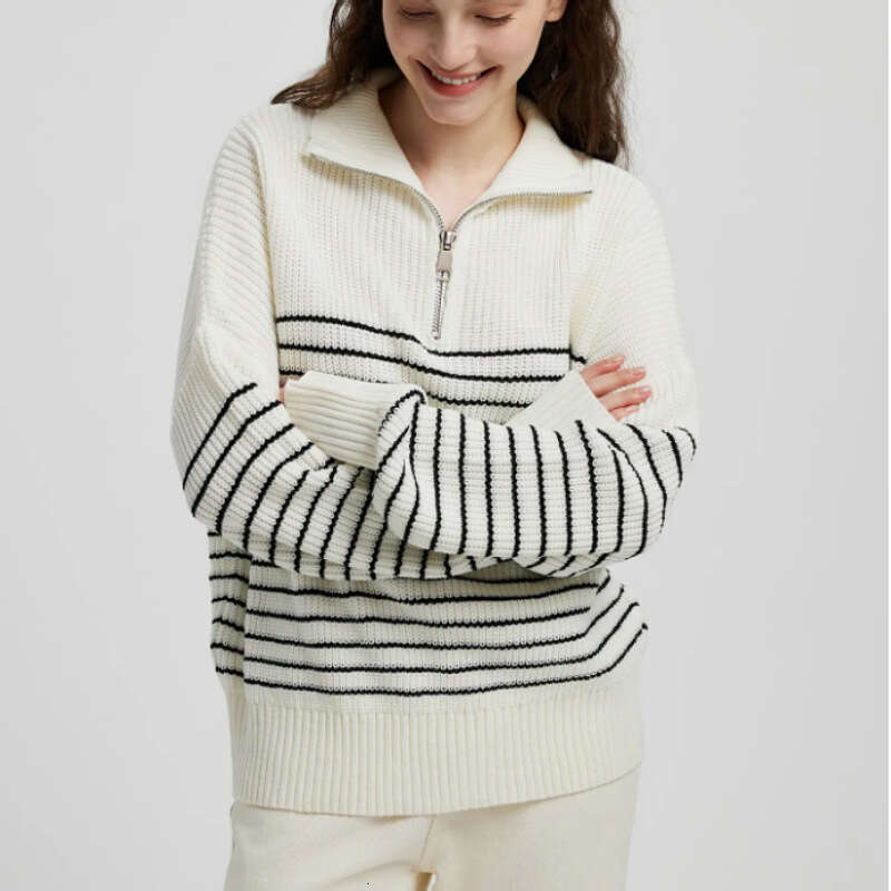 European American autumn and winter new women's clothing high neck striped color blocked long sleeved zipper pullover knitted sweater for women