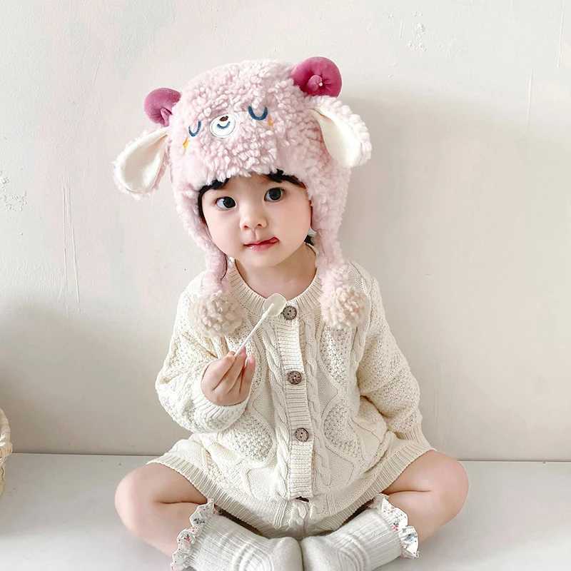 Sheep Baby Plush Hat Winter Thick Cashmere Bean Hat Baby Boys and Girls Cute Warm Children Ear Protection Hat W241213