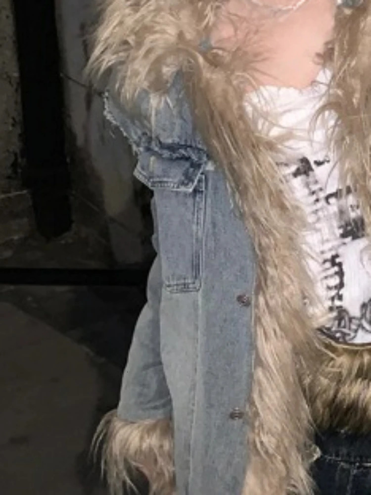 Y2k Aesthetics blue denim pocket jacket retro Grunge fur patch work jacket Harajuku winter single chest streetwear jacket 241210