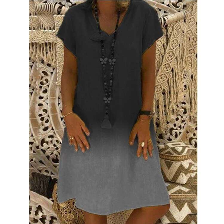 Women's 2021 gradient printed knitted short sleeved V-neck dress 2024 new casual fashion trend clothing