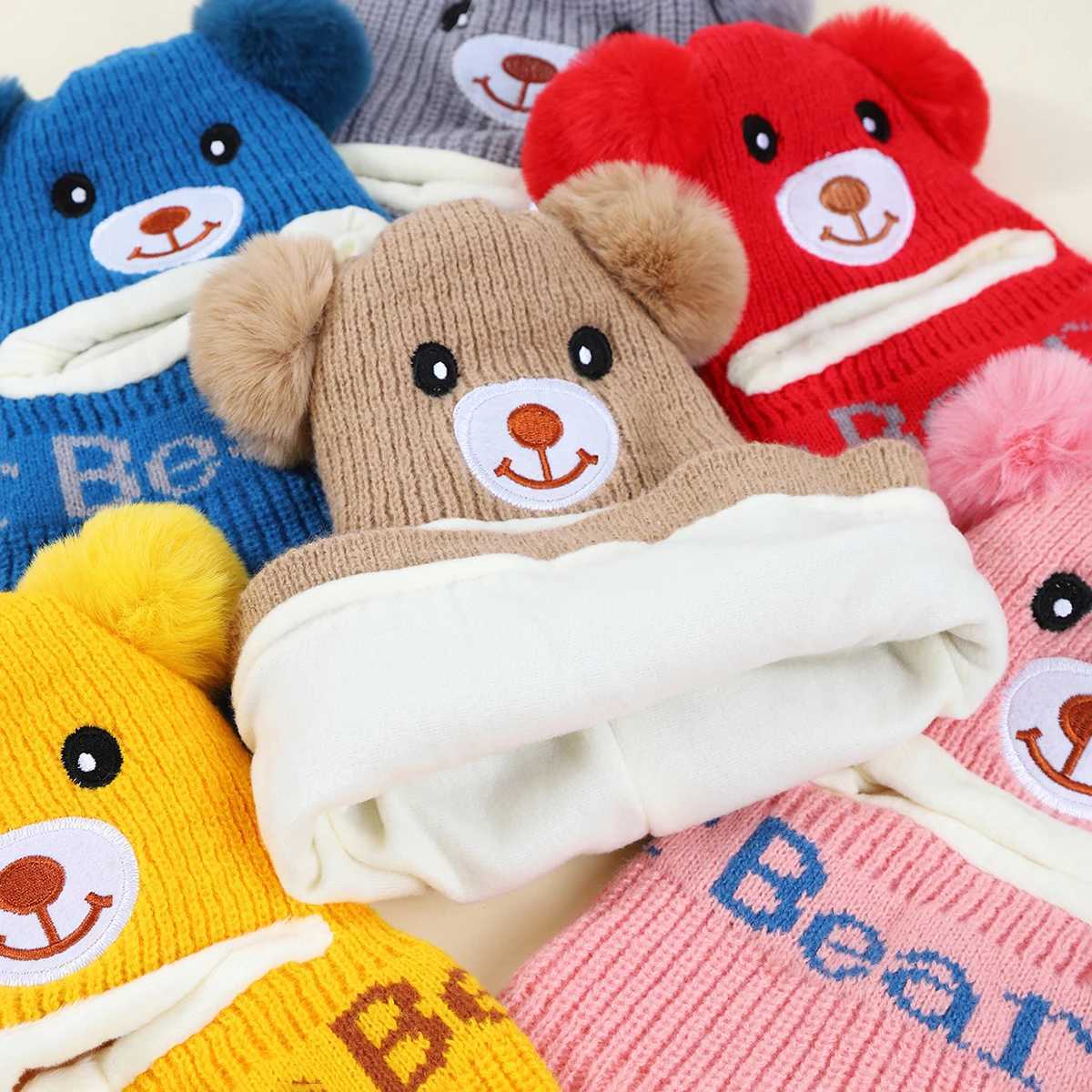 Bear winter baby hat scarf one-piece fluffy childrens knitted hat suitable for girls boys warm ear and neck childrens skiing hat W241213