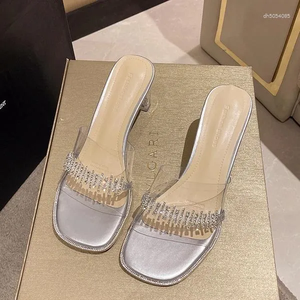 Slippers Loafers Women Summer Slides Female Shoes Rubber Flip ps Transparent Heel Heeled Mules 2024 Hawaiian Glitter High PU