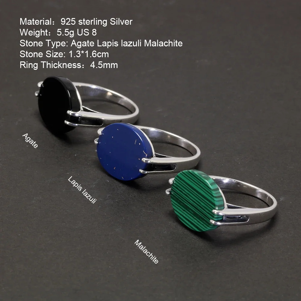 Real Pure 925 Sterling Silver Turkish Ring for Men and Women Prong Setting Black Agate Lapis Lazuli Malachite Jewelry 241214