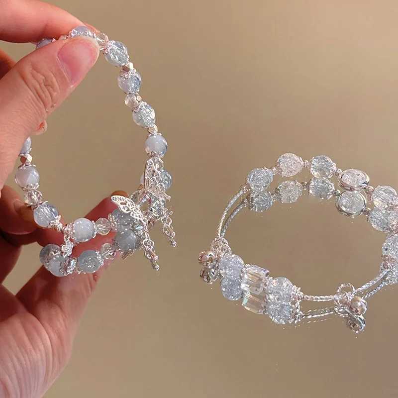 Sweet Pink Crystal Beads Bracelets for Women Girls Korean Fashion Bow Pendant Tassel Chain Bracelets Summer Jewelry AccoriesXJ241214