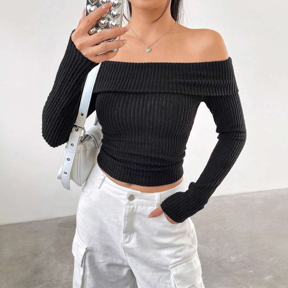 2024 Autumn European and American New Off Shoulder Short Long Sleeve Top y Spicy Girl One Neck Knitted Shirt