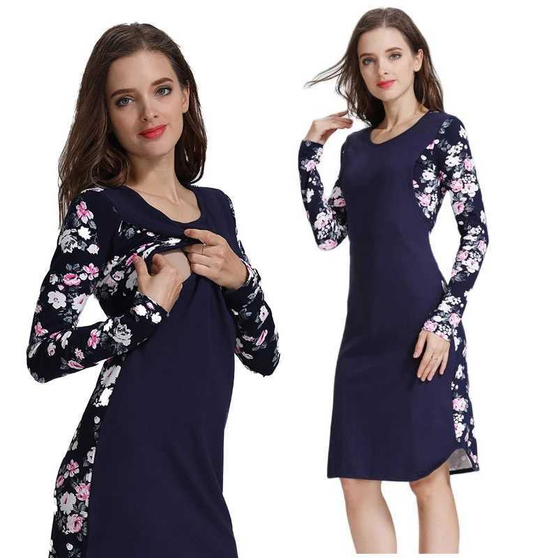 Autumn Winter Materni Dress Long Sleeve Stretch Cotton Breastfeeding Dress Printing Long Sleeve Lactation Nursing DressesXJ241213