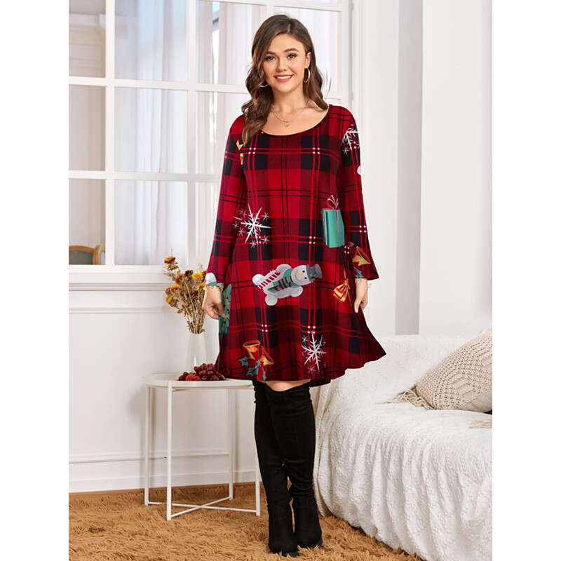 European American fashion Christmas print mid sleeve plus size women's 2024 new style chic and elegant clothing
