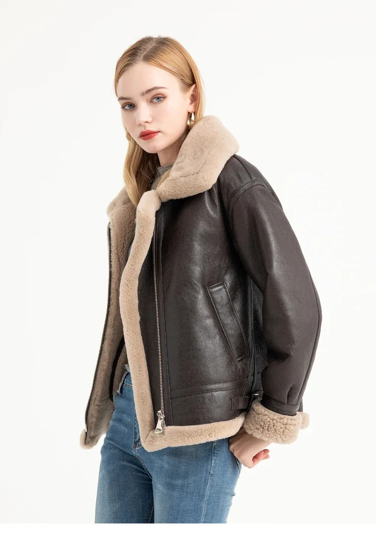 Fashionable womens multi-color fur one-piece jacket flying jacket sheepskin motorcycle leather jacket 241210