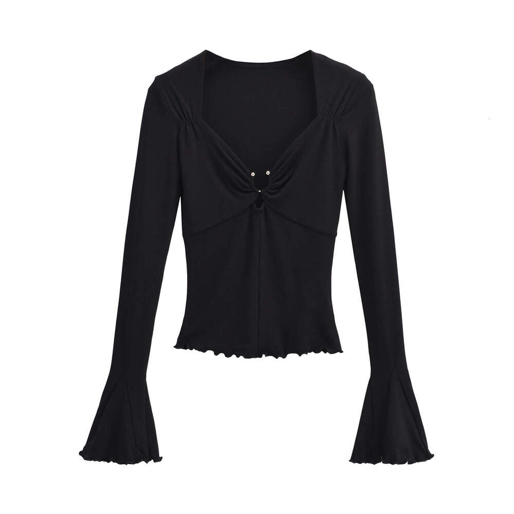spicy girl sexy leak collarbone square neck metal ring hollow long sleeved T-shirt for women autumn trumpet sleeves slim fit base shirt 2024 temperame