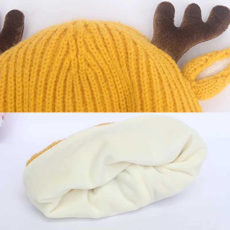 Cute reindeer antlers baby hat thick and soft cotton knitted boy and girl hats newborn deer ears Christmas hats W241213