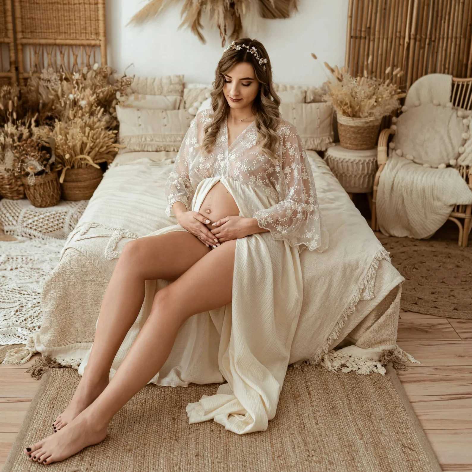 Boho Cotton Materni Photo Shoot Dress Beige Bohemian Lace Stiches Cotton Pregnant Woman Photography Long DressesXJ241213