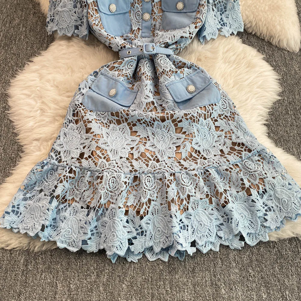 Casual Dresses Summer Quality Summer Embroidery Fishtail Short Evening Prom Dress Women Blue Beaded Button Ruffle Belt Mini Party Flower Dresses Brand