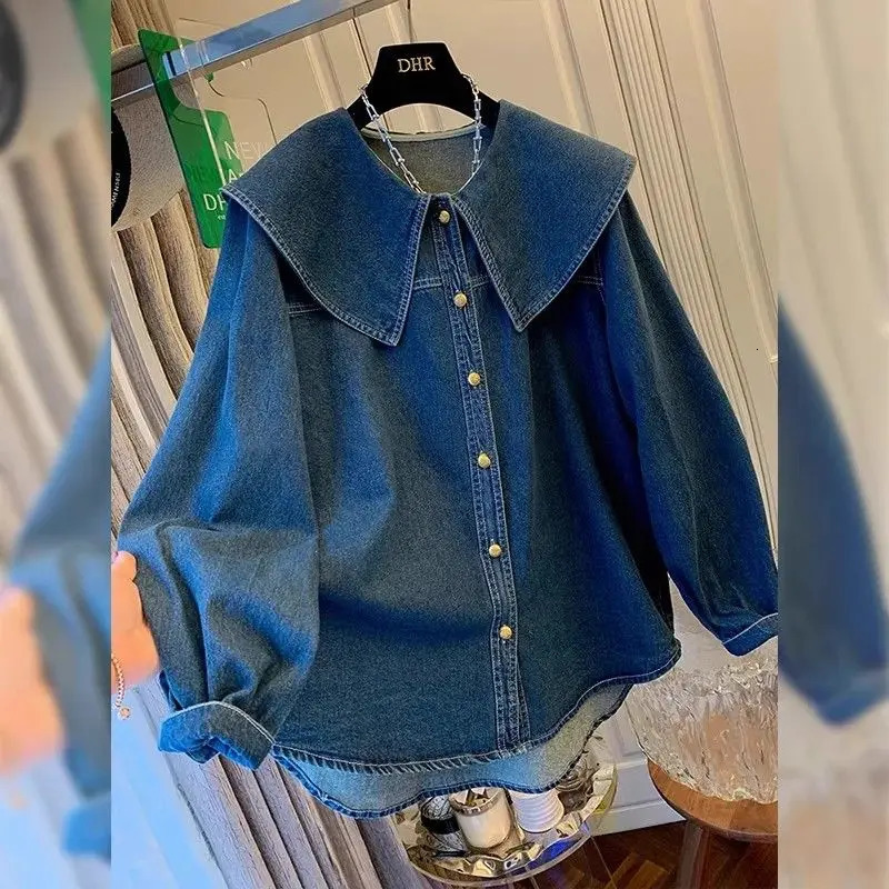 Retro doll collar denim jacket Roupas streetwear loose top Y2k 241211