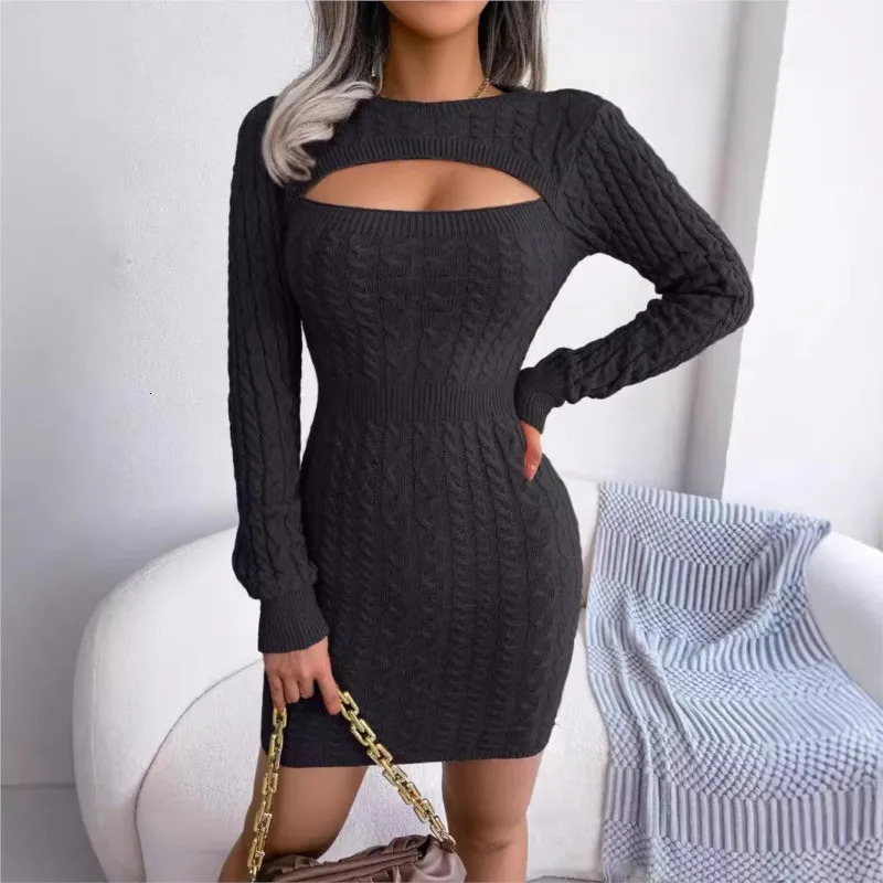 Autumn and winter sexy hollow fried dough twisted waist bag button wool dress round neck long sleeved pencil skirt 241212
