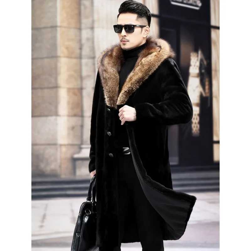 Autumn and winter jackets mens long haired coats high-quality brand hooded faux fur coats thick windproof chiffon long sleeves W241213