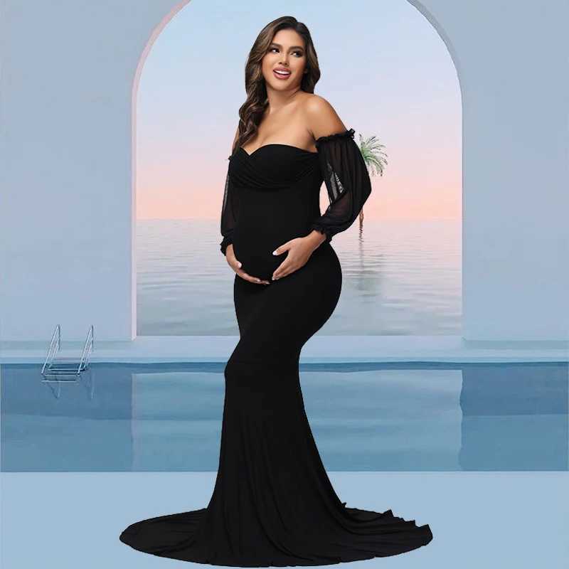 Materni Dress For Photoshoot Off-Shoulder Mesh Puff Sleeve Slim Pregnancy Womens Photography Maxi Gowns For Baby ShowerXJ241213