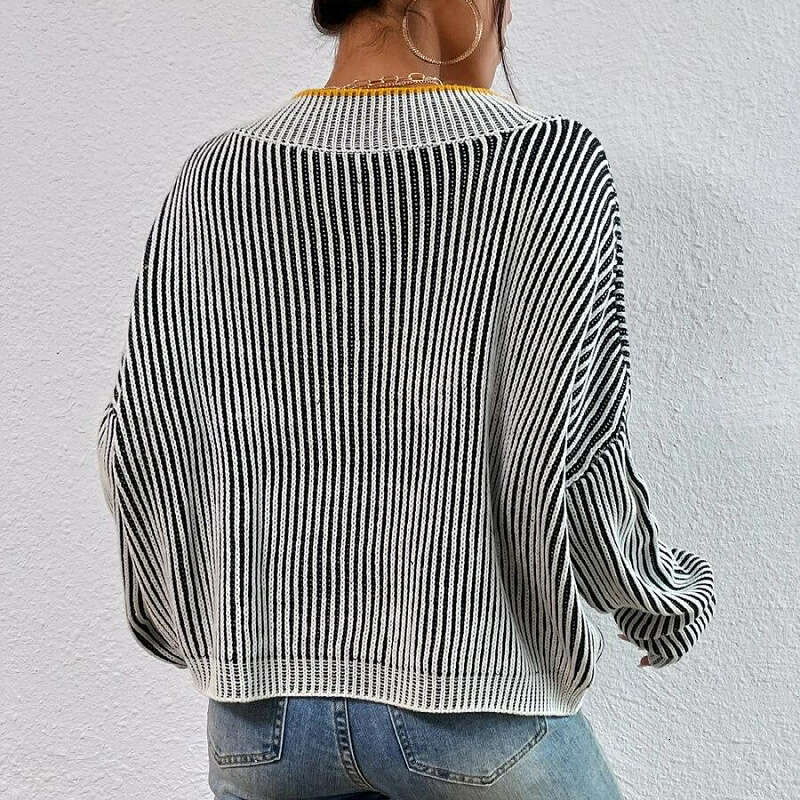European American autumn and winter V-neck loose fitting slimming bat sleeve striped contrasting pullover sweater top