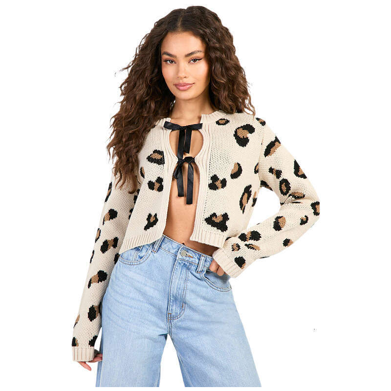 European and American new knitted sexy long sleeved leopard print strap women's sweater cardigan jacket