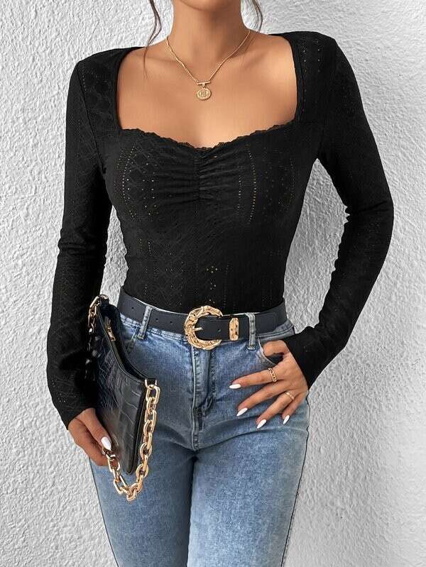 2023 European and American new French sweetheart collar embroidered eyelets pleated bust lace decorative T-shirt for women