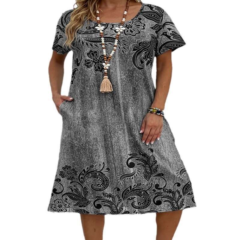 Large size women's loose 3D printed pocket dress 2024 new style chic and elegant clothing