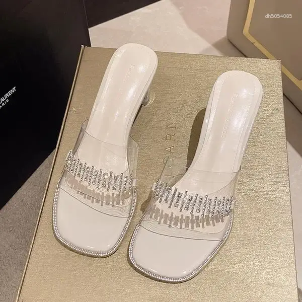 Slippers Loafers Women Summer Slides Female Shoes Rubber Flip ps Transparent Heel Heeled Mules 2024 Hawaiian Glitter High PU