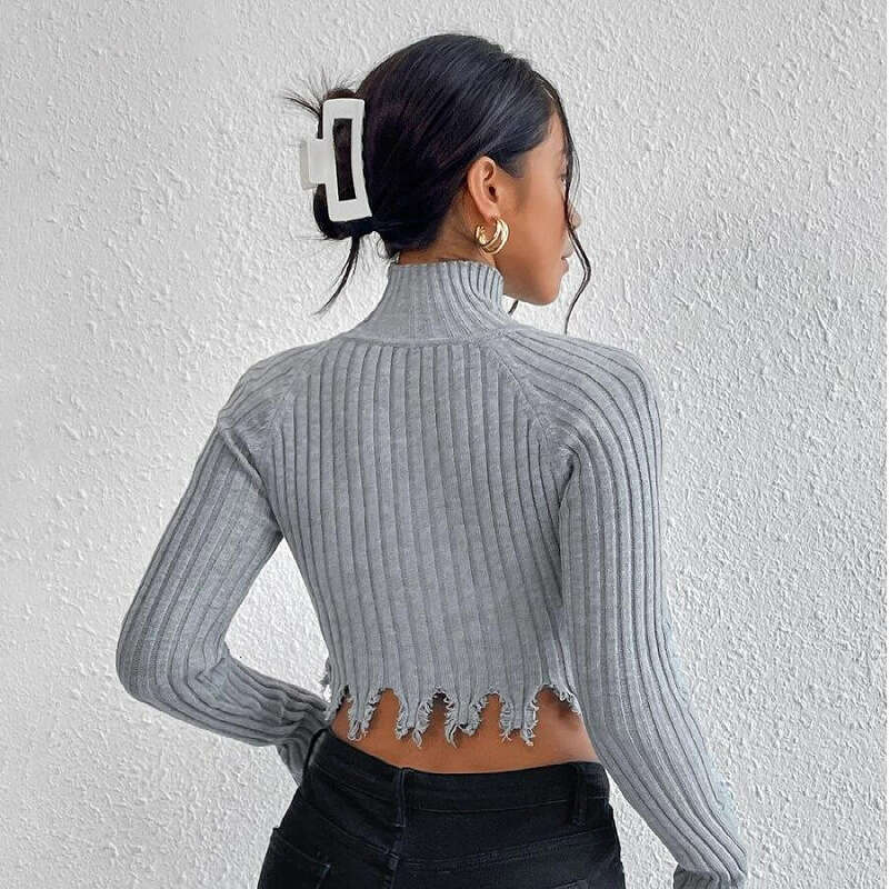European and American women's high necked long sleeved distressed sexy hollow out short style with exposed navel design knitted sweater