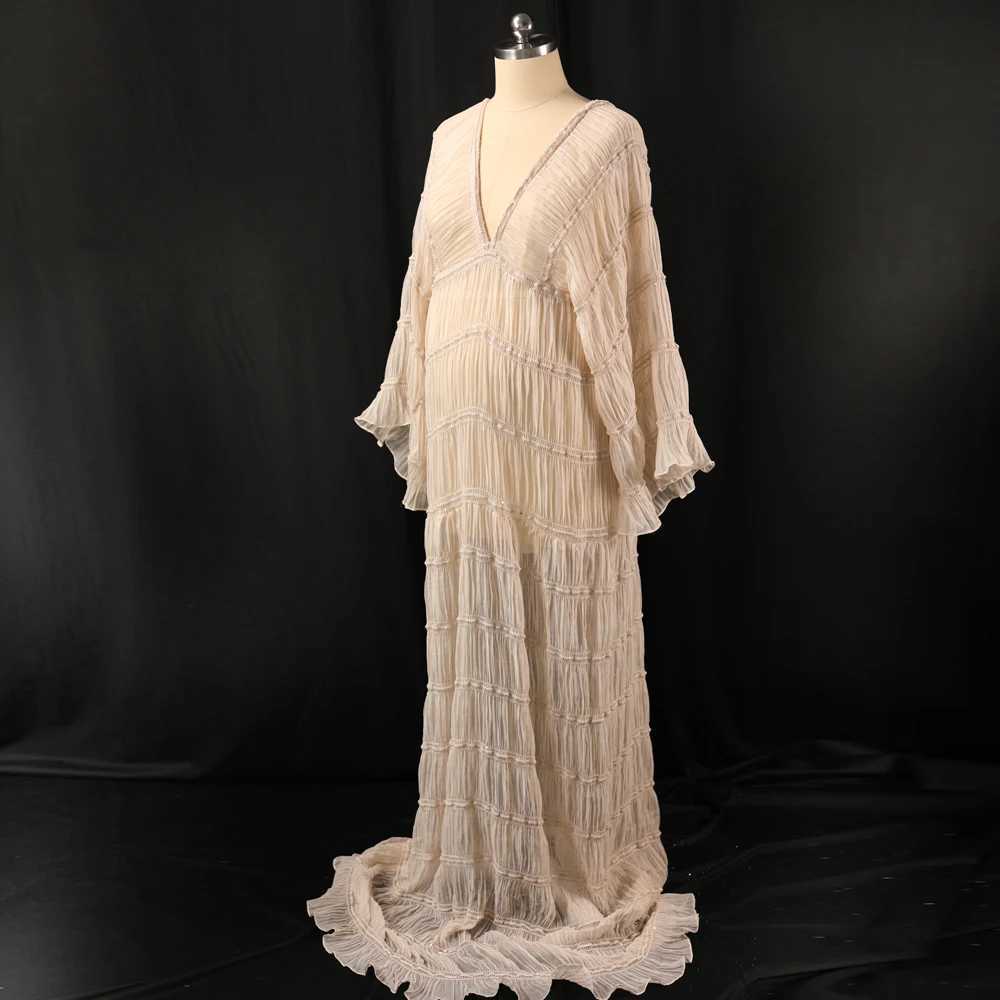 Boho Materni Dresses For Photo Shoot Sexy V-neck Pleated Chiffon Long Sleeve Ruffle Pregnancy Dress Womens Photography GownsXJ241213