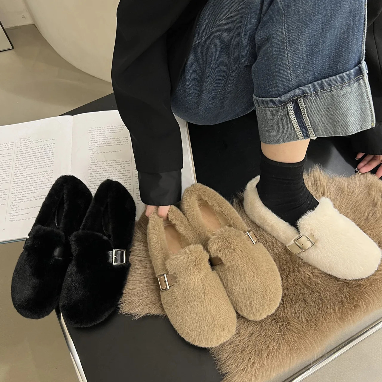 2024 Autumn Winter Womens Leisure Apartment Womens Moccasins Soft Loafers Fashion Comfortable Warm Plush Smooth Womens Cotton Shoes 241213