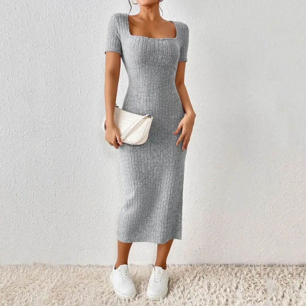 Womens summer dress split hem knitted elastic long sleeved party commuting casual Ins style Midi 241212