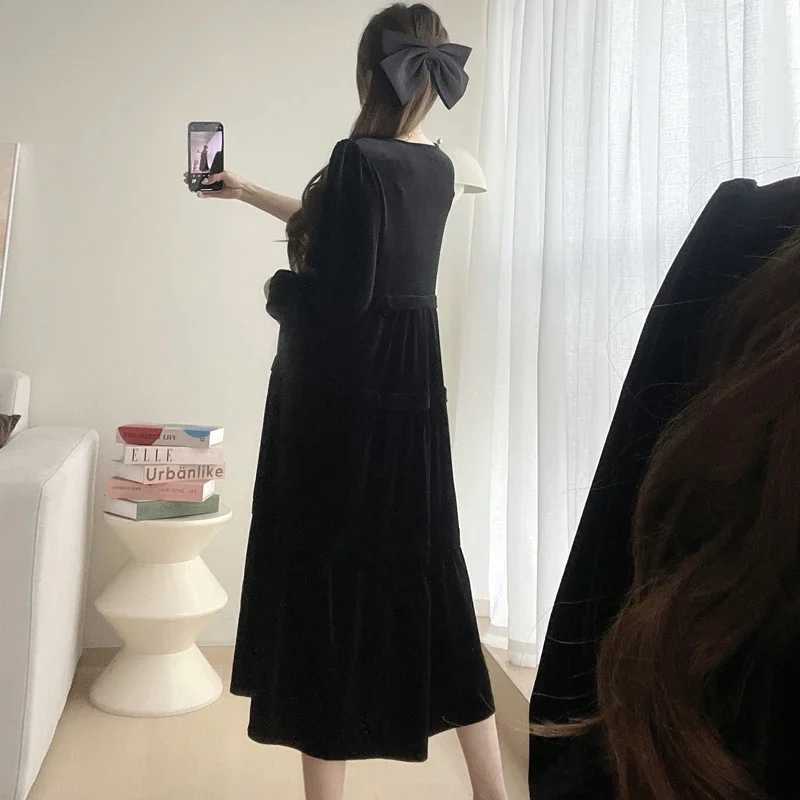 2024 Autumn Materni Velour Dress Black Office Lady Elegant Clothes Long Sleeve V-neck High Waist Pregnant Woman Brief DressesXJ241213