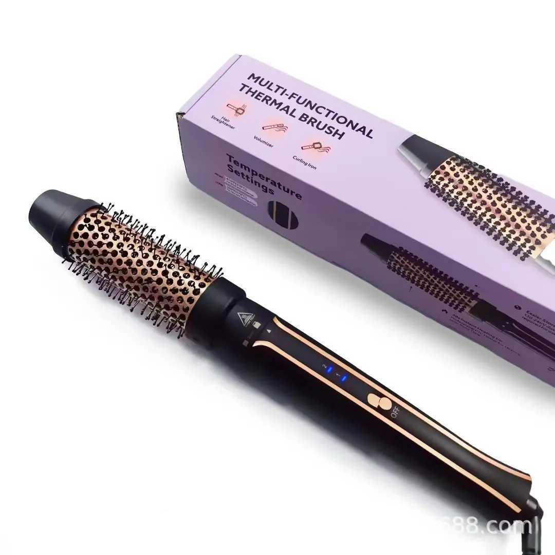 Curling hair with iron brush and hot brush to create a natural curly appearance dual voltage ceramic curling iron with detachable brush W241214