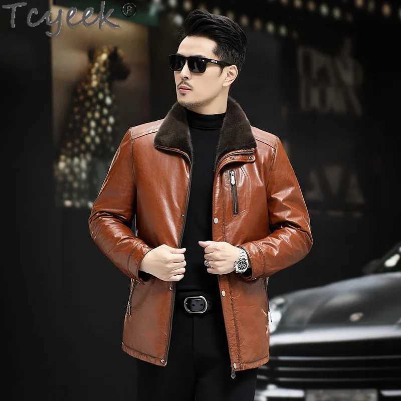 Tcyeek oil wax denim genuine leather mens jacket real mink coat medium long real fur coat mens winter clothing W241213