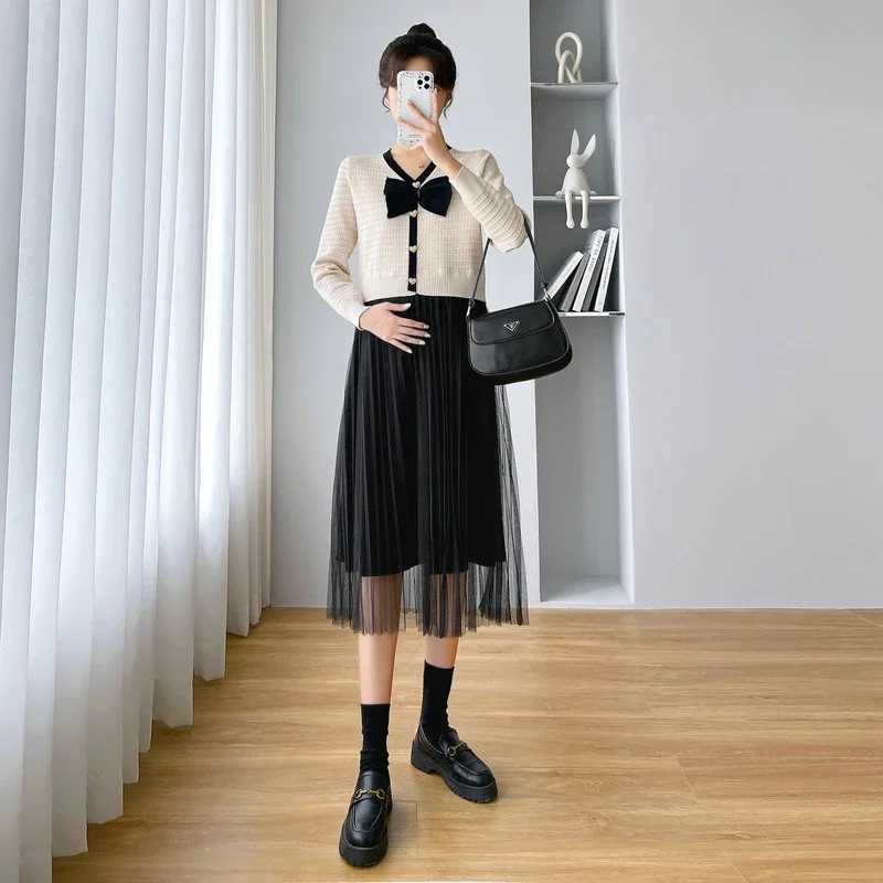 Elegant Pregnant Woman Knitting Dress Long Sleeve V-neck Mesh Patchwork Bowknot Materni Pleated Dress Autumn Pregnancy ClothesXJ241213