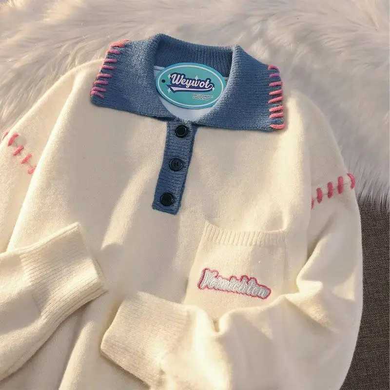 American Hip Hop Street Mens and Womens Fashion Polo Sweater Academy Style Autumn and Winter Loose Retro Knitted Harajuku Top M241214