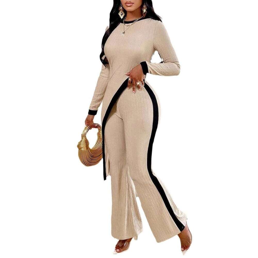 European and American 2024 autumn new women's fashion sleeved contrasting split T-shirt+spliced long pants for women