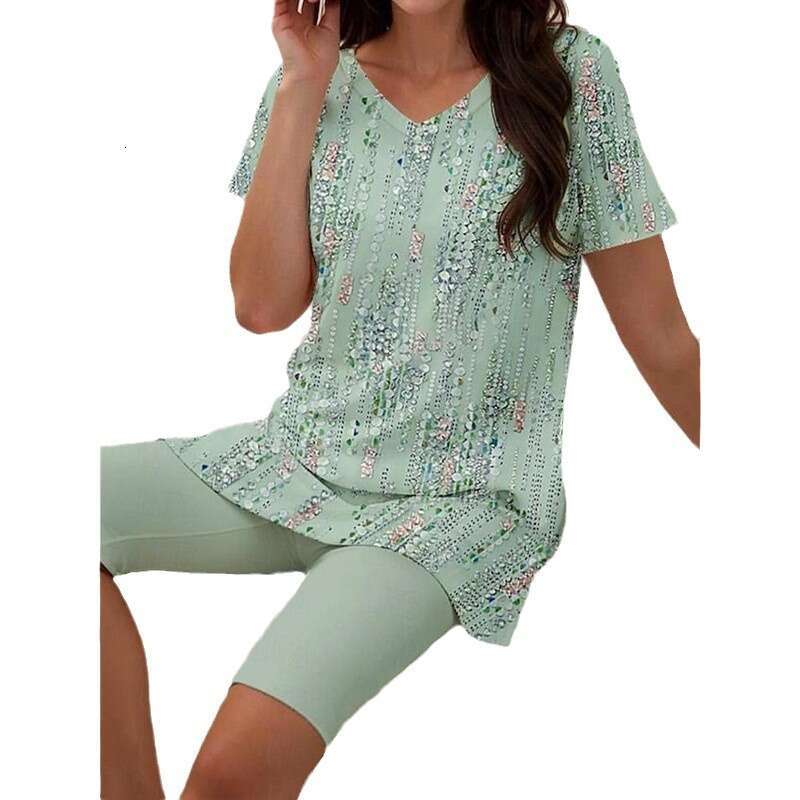 Summer Women's T-shirt and Shorts wer 3D Printed V-neck Two Piece Set 2024 New Casual Versatile Fashion Clothing