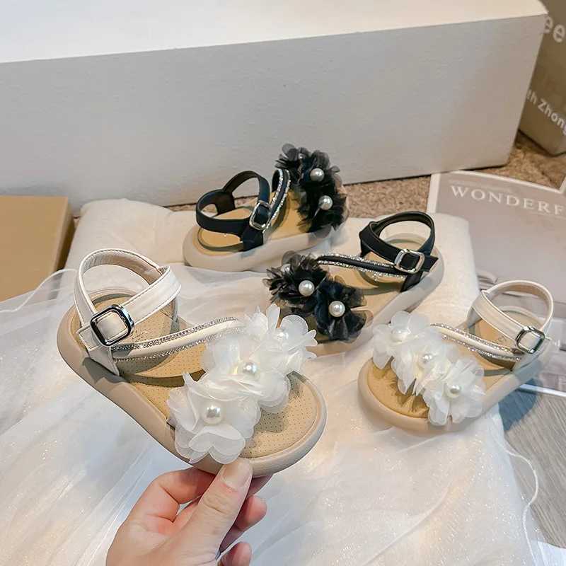Sandals Childrens Girls Sandals with Tulle Flowers 2024 Chic Princess Shoes for Party Wedding Shows Pearls Open-toe Kids Fashion H05135 H241213