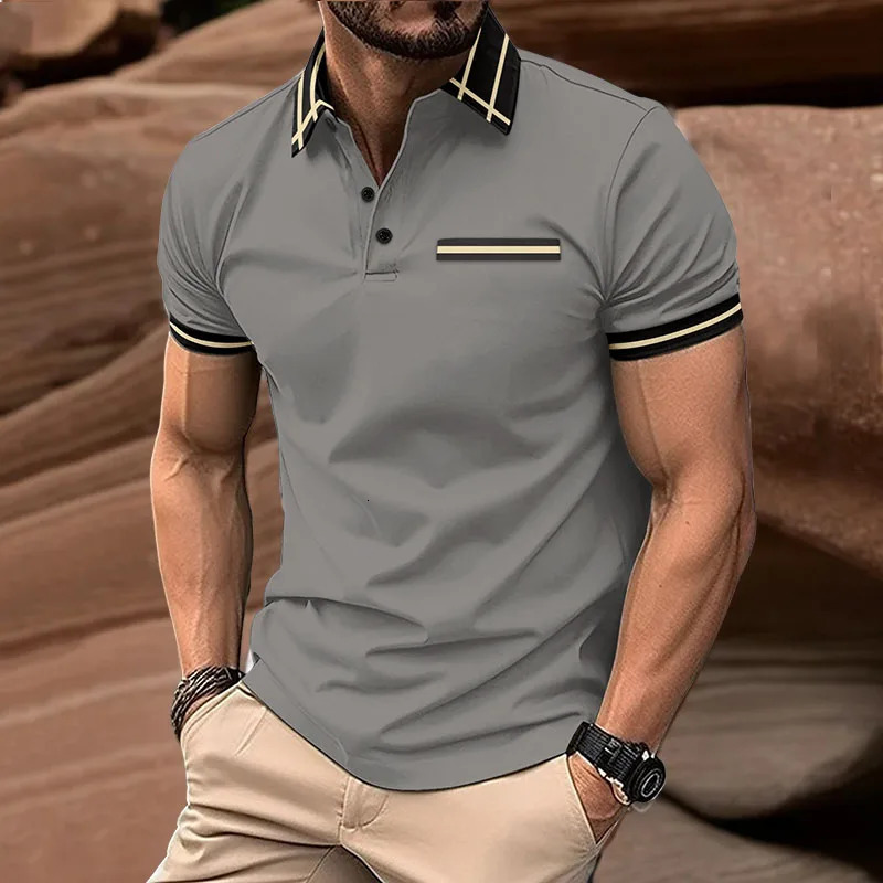 Mens summer short sleeved polo shirt collar l pocket breathable mens business casual top 241213