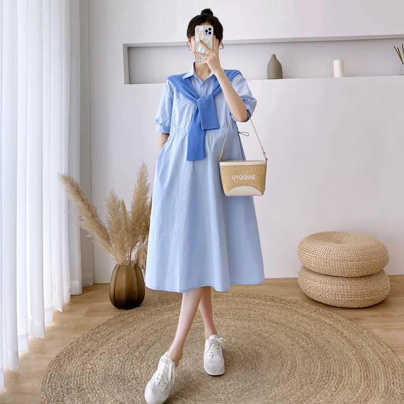 Pregnant Women Dresses Materni Lapel Dress Pregnancy Solid Color Loose Knee A Skirt Female Girls Summer ClothesXJ241213