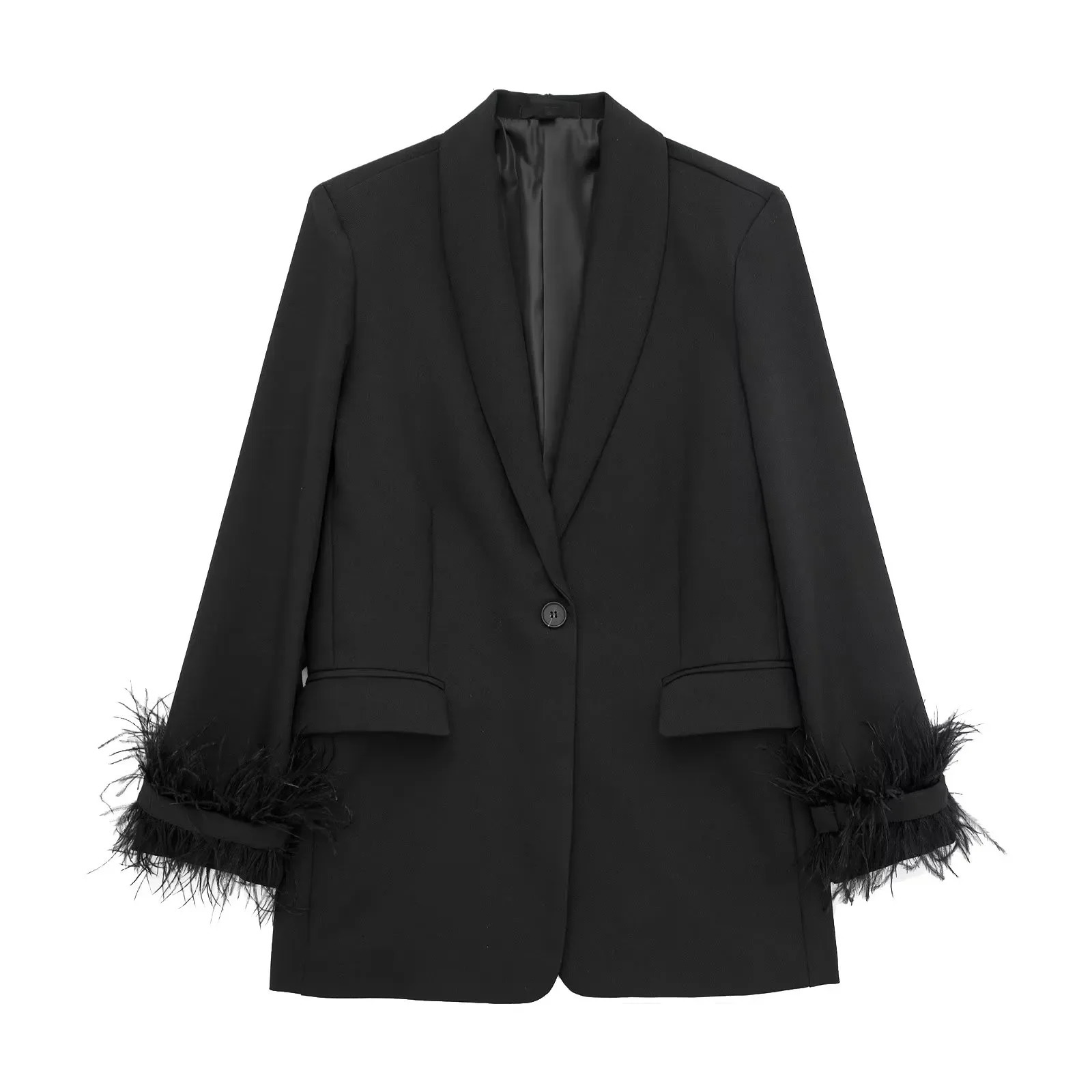 Feather Blazer Woman Black Button Jacket Women Long Sleeve Office Wear Blazers Streetwear Winter Female Coats 241209