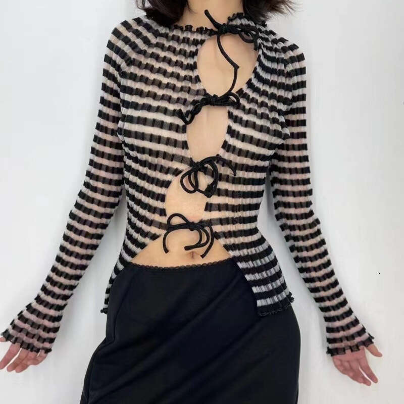 European and American short cardigan women's hollow out contrasting butterfly bow long sleeved inner knitted sweater top for women